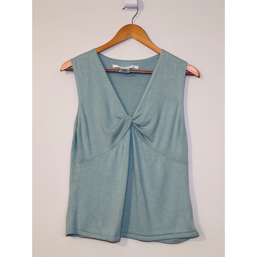 Max Studio Large Silk Cashmere Blend Sleeveless Knot Twist Front Blouse Blue Top